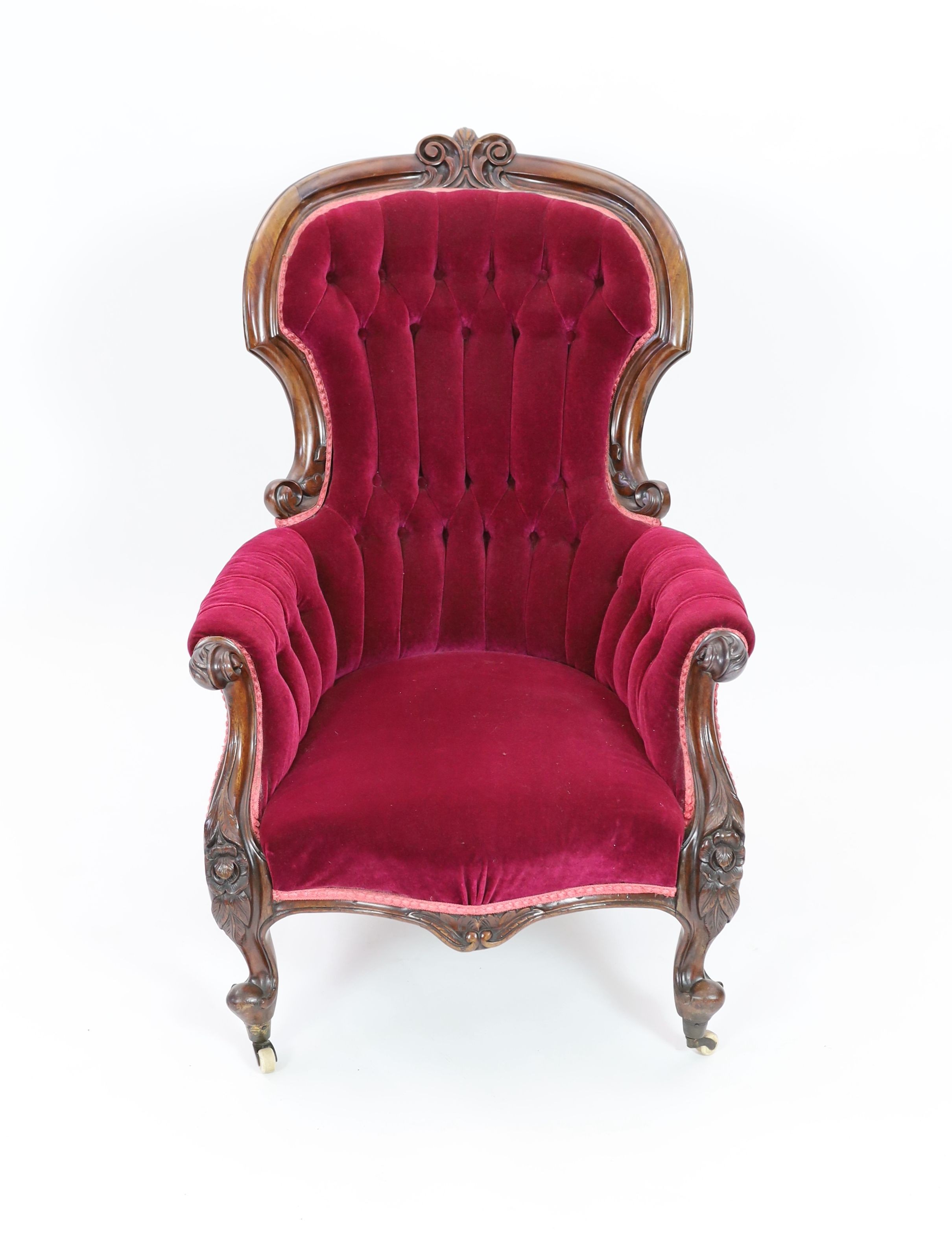 A Victorian walnut upholstered spoonback armchair, width 72cm depth 78cm height 102cm